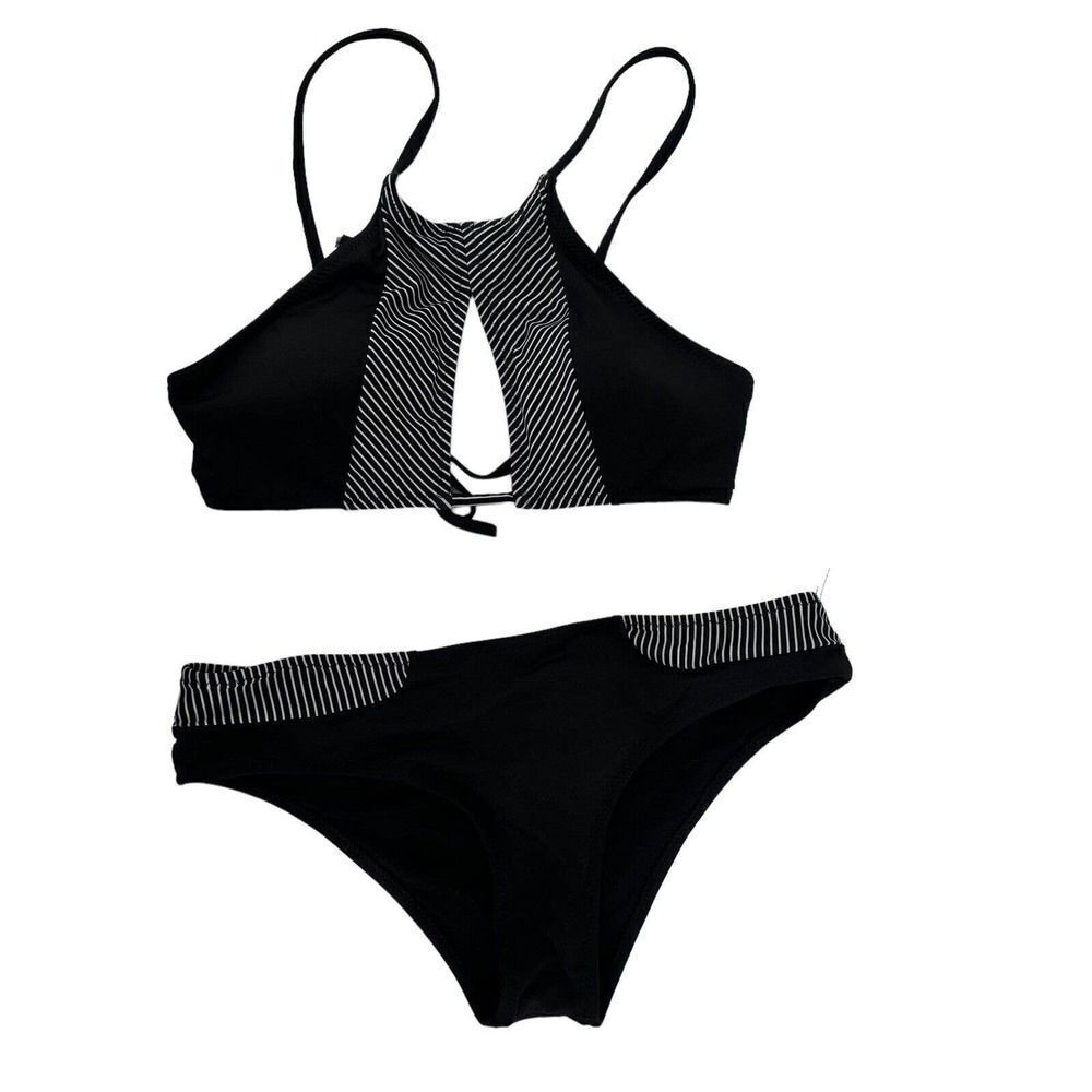 High Neck Bikini Set Black Keyhole Womens Large Swimwear Stripe Detail C Apparel